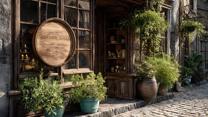 Charming vintage bookstore facade with greenery and rustic signage