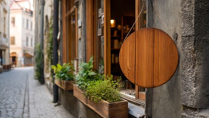 Charming Street View of Boutique Shop Entrance with Wooden Signage