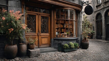 Charming Vintage Bookstore on Cobblestone Street with Lush Greenery
