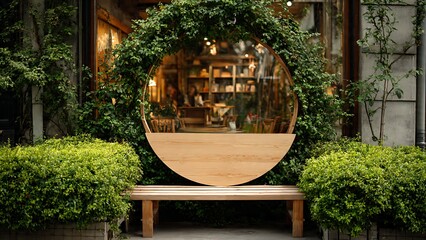 Circular Wooden Mirror Framed by Lush Greenery at Cozy Caf&eacute; Entrance