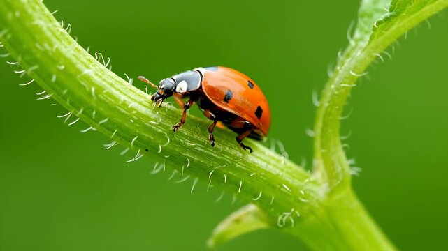 Cinematic, 4k, macro close-up of a vibrant red ladybug crawling on a textured green plant stem, showcasing intricate natural detail