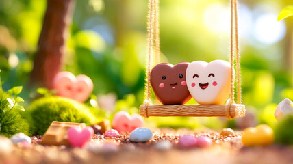 Obraz premium Adorable Chocolate Heart Characters Playing on a Cozy Tree Swing with Dappled Sunlight