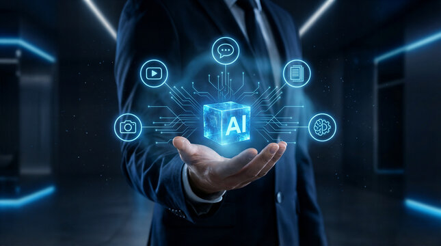 Ethical AI platform creating diverse content formats such as text, video, music, and images, showing responsible automation, data integrity, and transparent content generation in digital systems