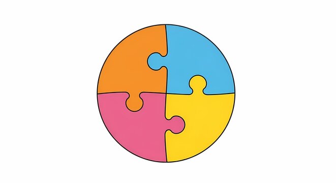 Colorful Circular Jigsaw Puzzle Pieces in Four Sections Representing Teamwork and Problem Solving Concepts on White Background
