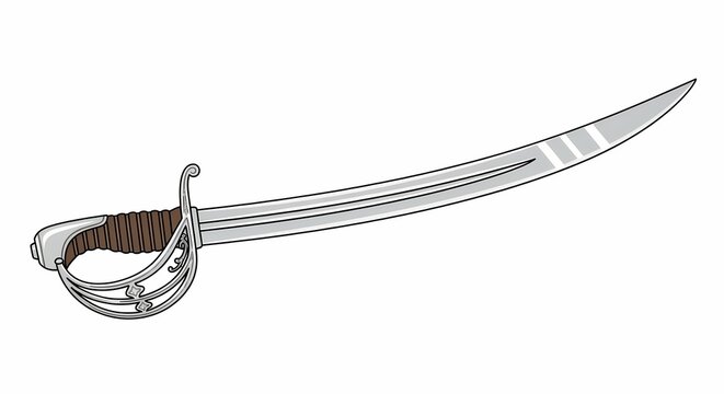 Vector illustration of a detailed silver sabre sword with a brown leather handle and guard, isolated on white background for designs