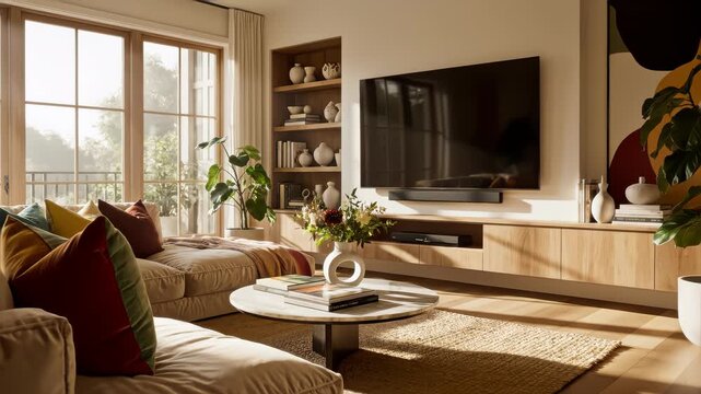 Modern living room interior with TV, shelves, comfortable sofa and stylish decor. The room is filled with natural light and has a cozy atmosphere. Perfect for relaxation and entertainment.