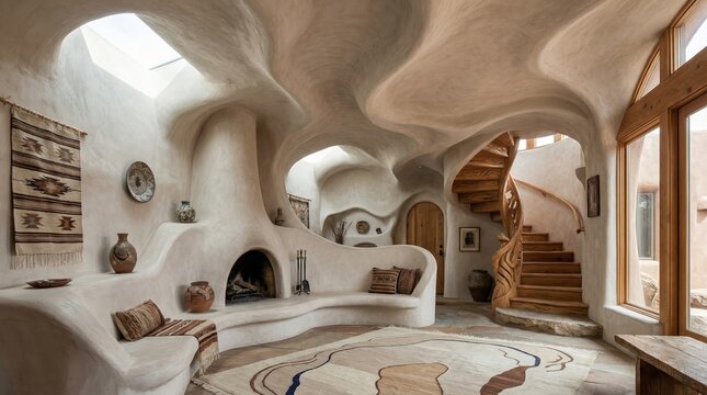 Organic adobe architecture designing a unique living room and entryway featuring a sculpted fireplace, built-in seating, a handcrafted wooden spiral staircase, and southwestern decor accents