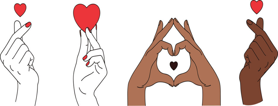 Finger Heart Hand Sign Vector Set with Diverse Skin Tones and Red Hearts Isolated on White Background for Love and K-pop Fans
