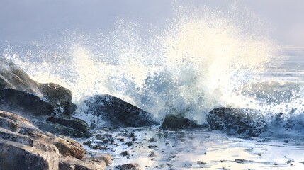 Obraz premium Dramatic watercolor wave crashes against Danish coast serene pastel sunlight reflects foamy textures
