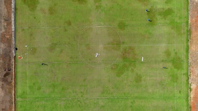 Aerial view of Stadion in Banjarmasin South Kalimantan with people on the football field