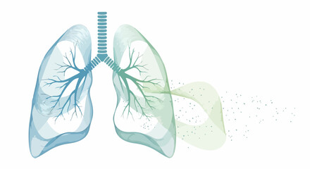 Human lungs graphic illustrates internal anatomy, trachea and branching bronchial tree. Blue green stylized flow depicts air or particles from human lungs, symbolizing breath or pollution.