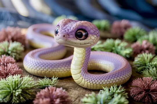 Colorful cute chibi kawaii pink snake with big eyes on a bed of soft plants displayed in a close-up shot video 