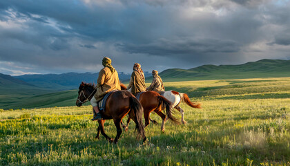 Three people riding horses across a grassy landscape with mountains and cloudy sky.