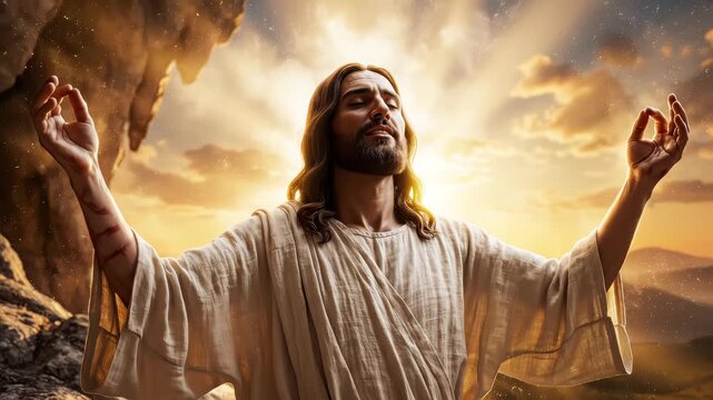 Jesus Christ, prophet, or biblical figure in prayer and worship with hands lifted in glowing, ambient holy light. Perfect for Easter resurrection visual.