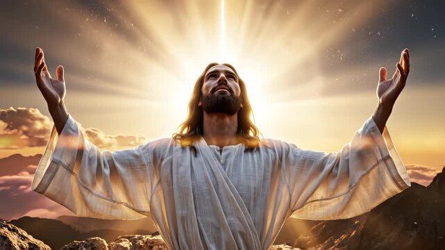 Jesus Christ, prophet, or biblical figure in prayer and worship with hands lifted in glowing, ambient holy light. Perfect for Easter resurrection visual.