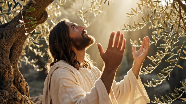 Jesus Christ praying. Visual for Christianity, Easter, church, worship background, bible scene.
