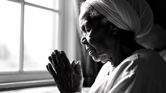 One devoted Religious black senior woman PRAYING to GOD at home by window in monochromatic, black and white. Spiritual African American elderly lady in deep meditation