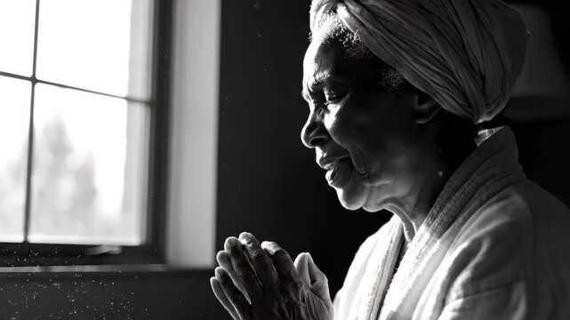 One devoted Religious black senior woman PRAYING to GOD at home by window in monochromatic, black and white. Spiritual African American elderly lady in deep meditation