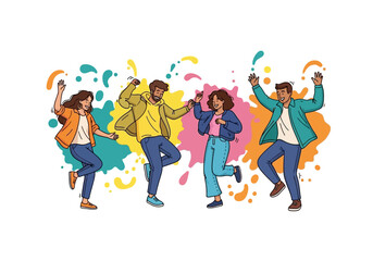 Four people dancing joyfully amidst colorful paint splashes