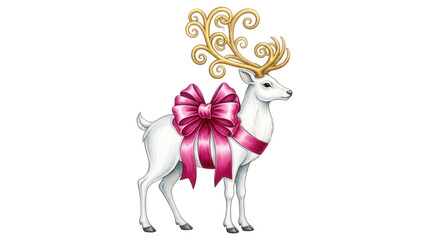 White reindeer with pink bow and golden antlers isolated on transparent background