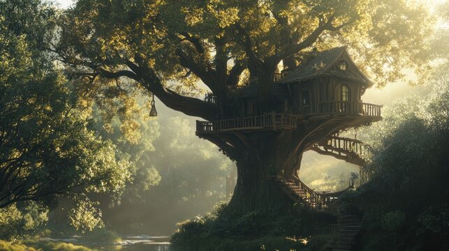 Enchanted treehouse nestled in a sun-drenched forest