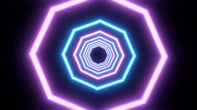 A neon tunnel with concentric octagons in a mesmerizing perspective, showcasing purple, blue, and black