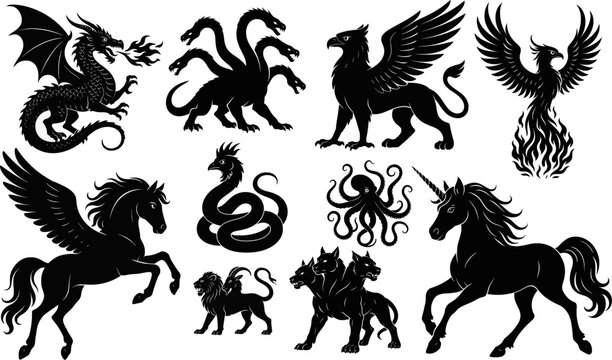 Mythical fantasy creatures silhouette collection vector set