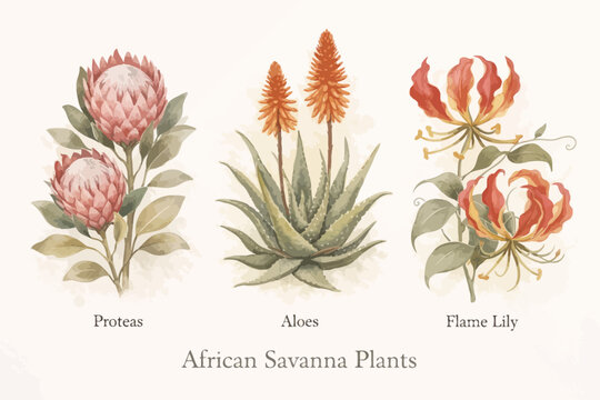 African savanna plants botanical illustration featuring proteas, aloe and flame lily in vintage watercolor style on textured parchment background.