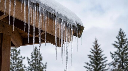 Icicles drape a snow-laden wooden roof of a cabin, long sharp ice formations glinting against evergreen pines beneath an overcast winter sky, crisp and tranquil scene