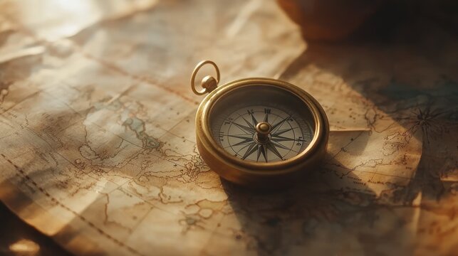 Antique compass on aged map, warm light