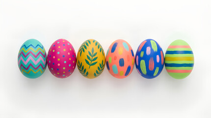 Fototapeta premium Row of colorful decorated Easter eggs with different patterns on white background. Spring holiday celebration banner and joy for child. Bright seasonal design for a greeting card with copy space.