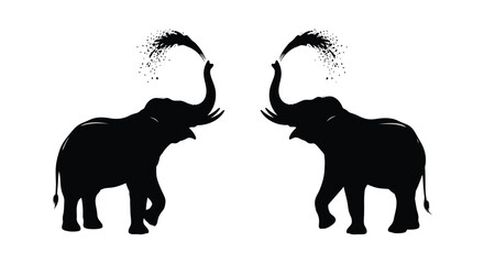 Two elephants spraying water with trunks a striking black silhouette © momotaj