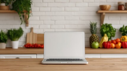 Fototapeta premium Summer for digital nomads, A laptop sits on a wooden table in a kitchen with fresh fruits, vegetables, and green plants on shelves and counters against a white brick wall.