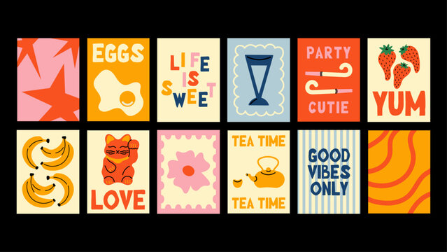 Abstract minimalist posters with cartoon Matisse-style motifs. Flowers, cocktails, food, Italy, Japan and fruits. Trendy wall decor.