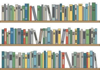 Three rows of colorful cartoonstyle books standing upright on wooden shelves © firman