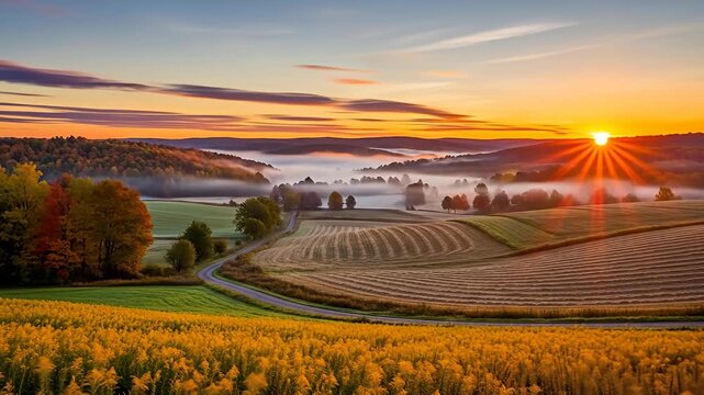 Scenic landscape of rolling hills, fields, and forests at sunset with a winding road