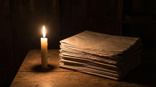 A lone, flickering candle casts a warm, ethereal glow on a stack of aged, rustic paper manuscripts, evoking a sense of history and quiet contemplation.