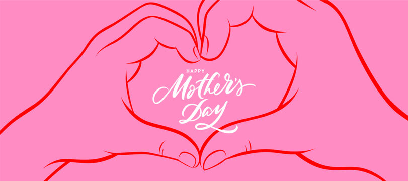Happy Mother's Day horizontal banner with red line art of mother and child hands forming a heart. Minimalist illustration on pink background with handwritten lettering.