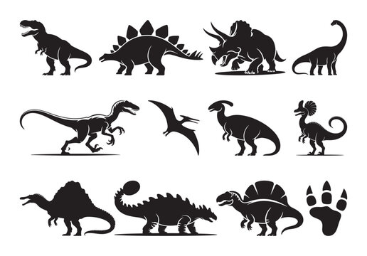 Dinosaur Silhouettes Set | T Rex Triceratops Brachiosaurus Icons | Black Prehistoric Animal Clipart