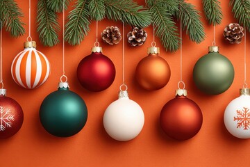 Obraz premium Festive Christmas ornaments and natural accents on a warm red background with pinecones and citrus