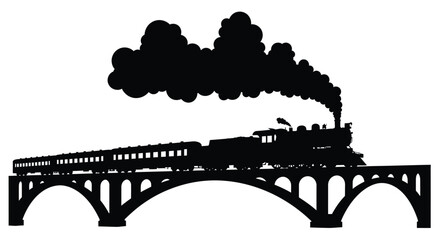 Vintage steam train crossing a stone arch bridge silhouette © momotaj