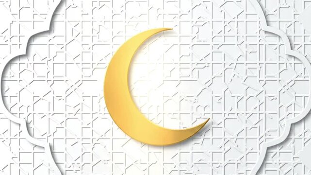 Clean white embossed Islamic pattern background with thin golden crescent forming smoothly, soft reflections, modern corporate style, seamless loop, full HD, no sound.