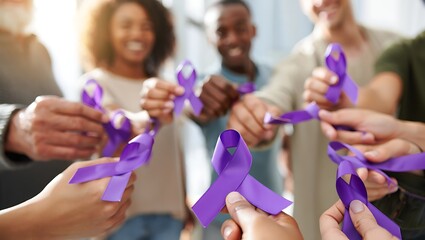 Diverse group of smiling people holding purple awareness ribbons symbolizing support and unity for a cause