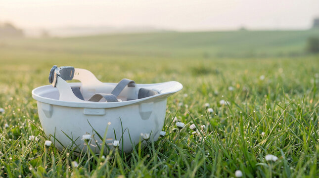 A white worker's hard hat, placed upside down, sits in a dew-kissed green field scattered with small white wildflowers during the soft light of dawn.