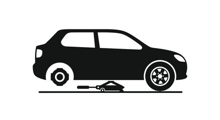 Obraz premium Black silhouette of a car being jacked up for repair silhouette
