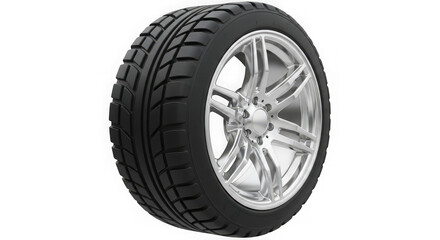 Obraz premium Black car tire with silver alloy wheel on white background