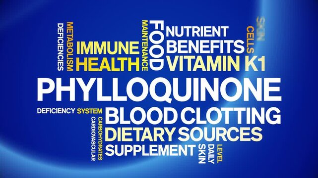 Phylloquinone Vitamin K1 animated word cloud-text design animation tag kinetic typography seamless loop.