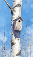Birch log birdhouse illustration evokes peaceful wildlife care a serene winter spring landscape