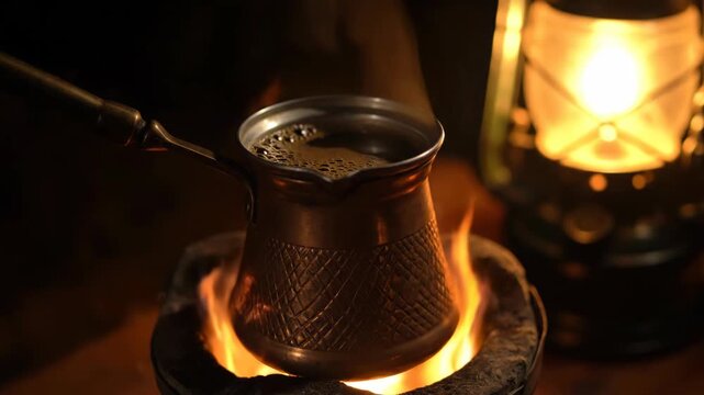 Traditional Turkish coffee pot on flame with warm lantern nearby