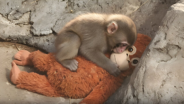 Punch the Monkey, Punch the Baby monkey hugging orange stuffed animal on grey rocks with soft natural lighting - Punch the Monkey